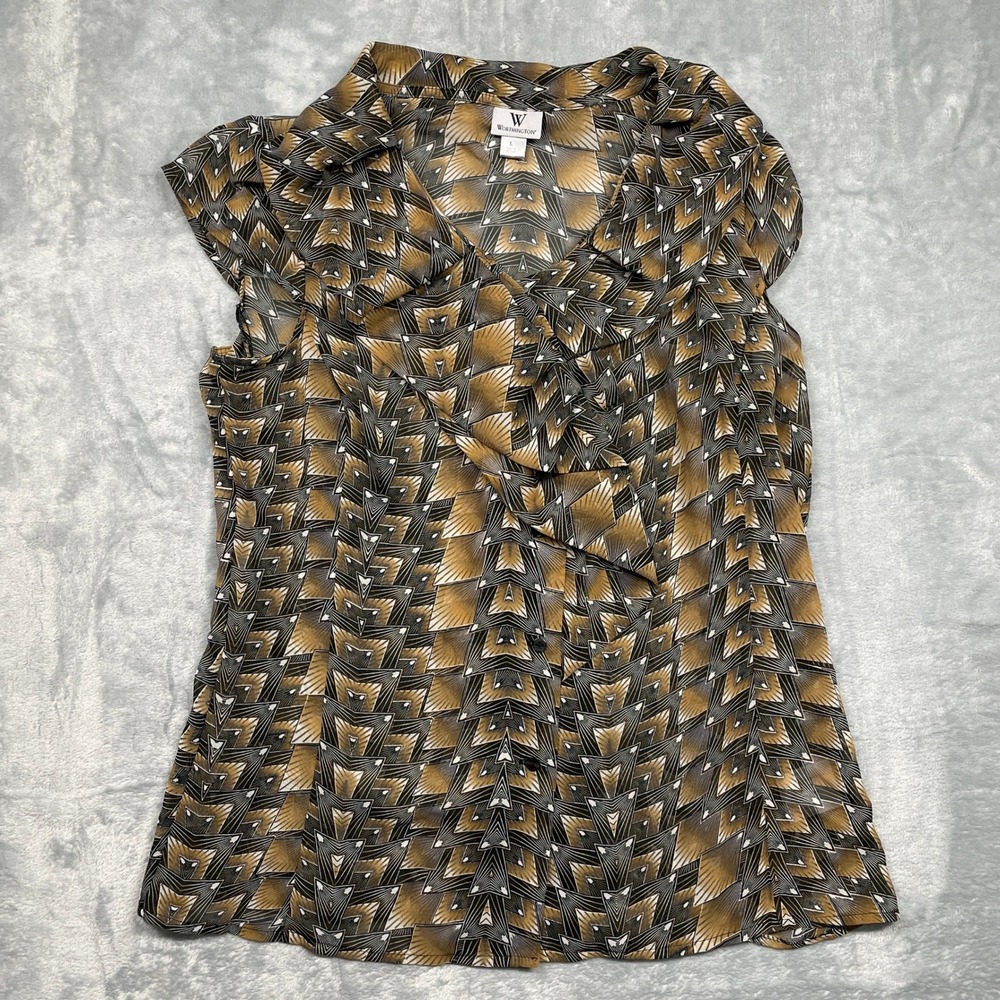Worthington Blouse Women Large Brown Gold Geometric Art Deco Ruffle Sleeveless